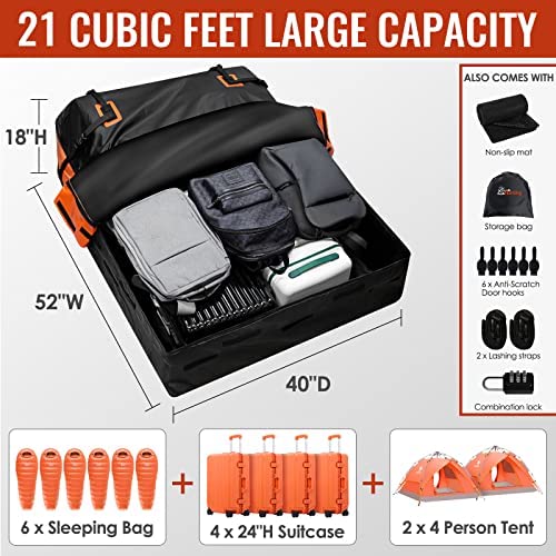 Car Rooftop Cargo Carrier Bag, 21 Cubic Feet 100% Waterproof Heavy Duty 840D Car Roof Bag for All Vehicle with/Without Racks - Anti-Slip Mat, 6 Door Hooks, Storage Bag, 2 Extra Straps, Luggage Lock - Image 5