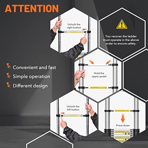 FEETE 16.5FT Telescoping Ladder, Aluminum Lightweight Extension Ladder with Non-Slip Feet, Portable Attic Ladder, Heavy Duty RV Collapsible Ladder for RV, Household, Outdoor Working, 330lbs Capacity - Image 6