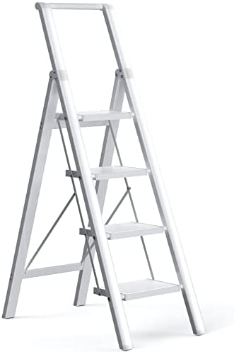 Step Ladder Folding Step Stool - Lightweight Aluminium Ladders W/Anti-Slip Wide Pedal&Handle for Adults&Seniors, Perfect for Home Kitchen Garden Safety Decorative Ladder, Silver - Image 2