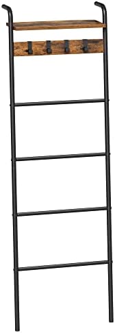 VASAGLE Blanket Ladder Shelf, Blanket Holder Rack for Living Room, Decorative Ladder with Removable Hooks, Top Storage Shelf, Metal Frame, Rustic Brown and Black ULLS017B01 - Image 2