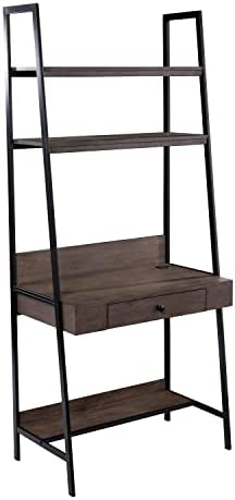 Industrial Gray Wood Ladder Desk Grey Rectangular MDF Metal Powder Coated Finish Drawers Shelves - Image 5