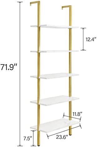 SUPERJARE Modern Ladder Shelf, 5-Tier Open Wall-Mounted Bookshelf with Stable Metal Frame, 72 Inches Storage Rack Shelves, Stand Bookcase for Home Office - Marble/Gold - Image 4