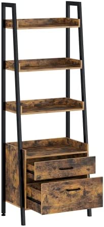 Rolanstar Bookshelf with Drawers, 4 Tier Ladder Bookshelf, Industrial Bookcases, Freestanding Display Plant Shelves with Metal Frame for Living Room, Small Space, Rustic Brown - Image 2