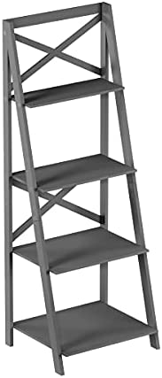 Lavish Home 4-Tier Ladder Bookshelf – Freestanding Wooden Bookcase – X-Back Frame and Leaning Look Decorative Shelves for Home and Office (Gray) Set of 1 - Image 2