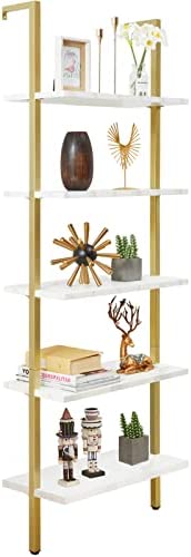 SUPERJARE Modern Ladder Shelf, 5-Tier Open Wall-Mounted Bookshelf with Stable Metal Frame, 72 Inches Storage Rack Shelves, Stand Bookcase for Home Office - Marble/Gold - Image 2