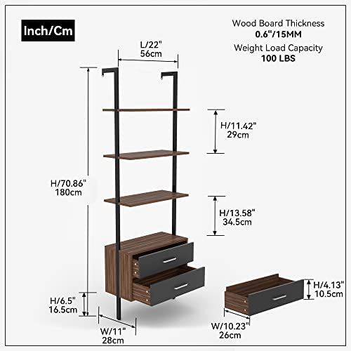 kevinplus Modern Mid-Century Ladder Shelf with Drawers, Wall Mounted Ladder Leaning Bookshelf, Industrial Metal Bookcase, 4-Tier Open Display Ladder Shelves for Living Room Office, Walnut Grey - Image 3