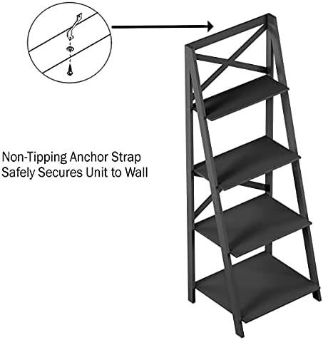 Lavish Home 4-Tier Ladder Bookshelf – Freestanding Wooden Bookcase – X-Back Frame and Leaning Look Decorative Shelves for Home and Office (Gray) Set of 1 - Image 6