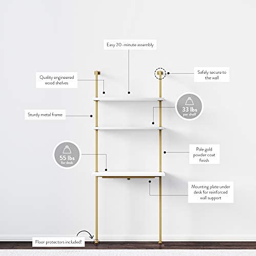 Nathan James Theo 2-Shelf Industrial Wall Mount Ladder Small Computer or Writing Desk, White/Gold Brass - Image 5