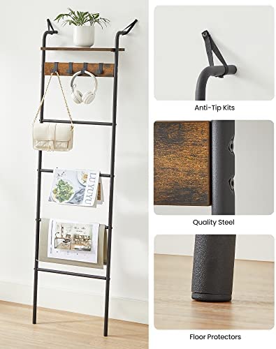 VASAGLE Blanket Ladder Shelf, Blanket Holder Rack for Living Room, Decorative Ladder with Removable Hooks, Top Storage Shelf, Metal Frame, Rustic Brown and Black ULLS017B01 - Image 6