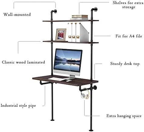 MCleanPin Industrial Computer Desk with Shelves,Ladder Shelf Desk,Wall Mount Desk with Shelf,79inch Home Office Computer Table, 2-Tier Rustic Wall Ladder Desk(W40inch) - Image 7