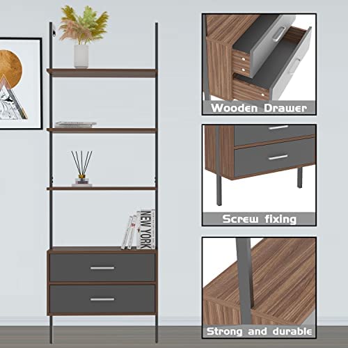kevinplus Modern Mid-Century Ladder Shelf with Drawers, Wall Mounted Ladder Leaning Bookshelf, Industrial Metal Bookcase, 4-Tier Open Display Ladder Shelves for Living Room Office, Walnut Grey - Image 7