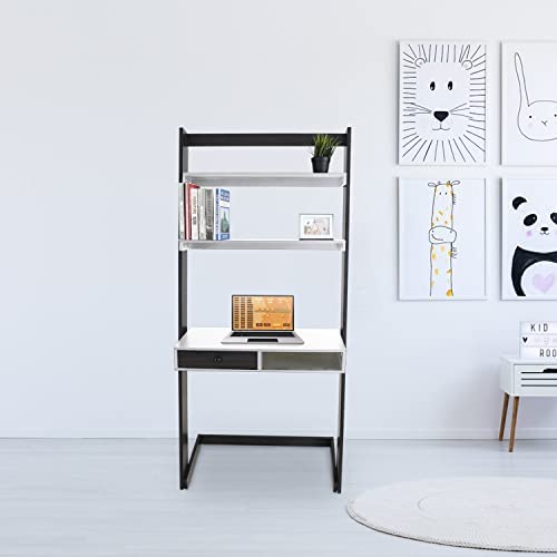 GREEN PARTY Ladder Desk, 3-Tier Ladder Computer Desk with Storage, Bookshelf and Drawer, Modern Writting Table Space Saving for Office and Home, White - Image 5