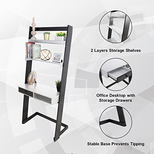 GREEN PARTY Ladder Desk, 3-Tier Ladder Computer Desk with Storage, Bookshelf and Drawer, Modern Writting Table Space Saving for Office and Home, White - Image 6