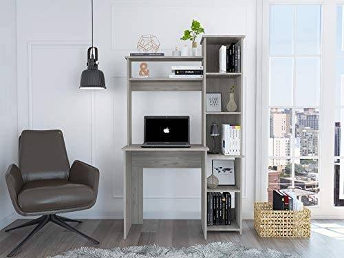 Tuhome Versalles Collection Free Standing Home Office Computer Desk with 2 Top Shelves, Light Grey - Image 2
