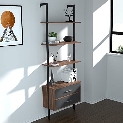 kevinplus Modern Mid-Century Ladder Shelf with Drawers, Wall Mounted Ladder Leaning Bookshelf, Industrial Metal Bookcase, 4-Tier Open Display Ladder Shelves for Living Room Office, Walnut Grey - Image 2