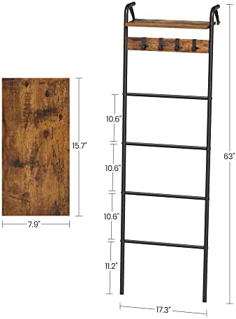 VASAGLE Blanket Ladder Shelf, Blanket Holder Rack for Living Room, Decorative Ladder with Removable Hooks, Top Storage Shelf, Metal Frame, Rustic Brown and Black ULLS017B01 - Image 7