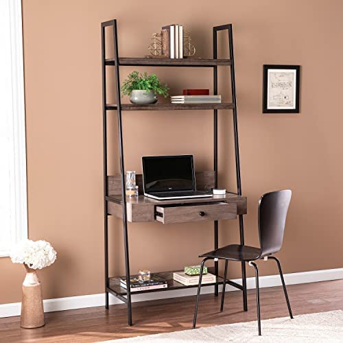 Industrial Gray Wood Ladder Desk Grey Rectangular MDF Metal Powder Coated Finish Drawers Shelves - Image 3