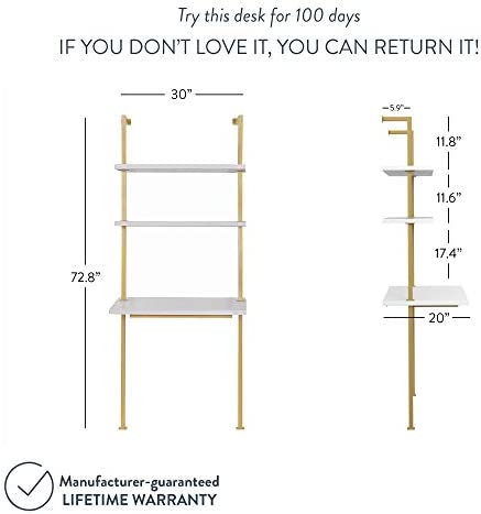 Nathan James Theo 2-Shelf Industrial Wall Mount Ladder Small Computer or Writing Desk, White/Gold Brass - Image 3