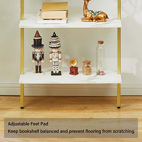 SUPERJARE Modern Ladder Shelf, 5-Tier Open Wall-Mounted Bookshelf with Stable Metal Frame, 72 Inches Storage Rack Shelves, Stand Bookcase for Home Office - Marble/Gold - Image 6