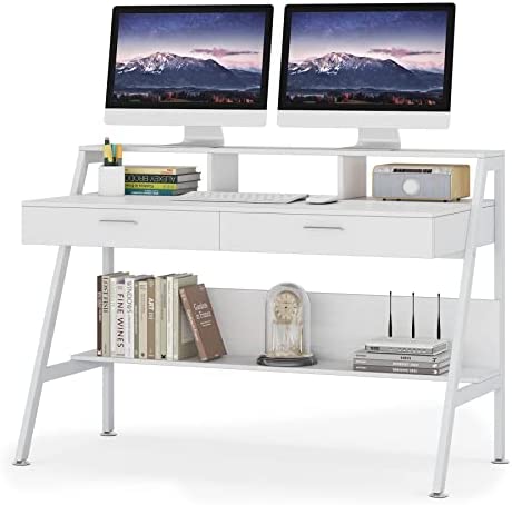 Tribesigns Computer Desk with Storage Shelf & Drawers, Modern 47 inch Office Writing Desk Study Table with Monitor Stand Riser for Home Office Use (White) - Image 2
