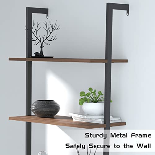 kevinplus Modern Mid-Century Ladder Shelf with Drawers, Wall Mounted Ladder Leaning Bookshelf, Industrial Metal Bookcase, 4-Tier Open Display Ladder Shelves for Living Room Office, Walnut Grey - Image 5