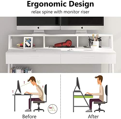 Tribesigns Computer Desk with Storage Shelf & Drawers, Modern 47 inch Office Writing Desk Study Table with Monitor Stand Riser for Home Office Use (White) - Image 7