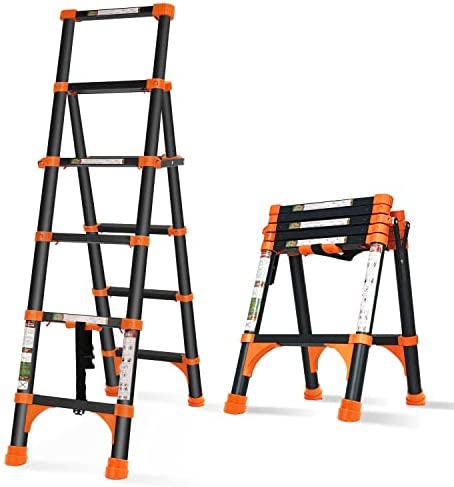 RIKADE Telescoping Ladder, A-Frame Aluminum Telescopic Ladder with 1-Button Retraction, Portable Extension Ladder Adjustable Lightweight Folding Ladder for Home or RV Work, 330lb Capacity(1.4+1.7M) - Image 2