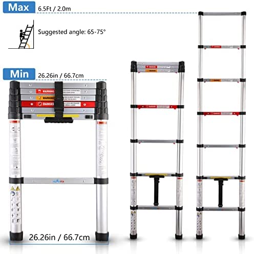 MEANFUN 6.5 FT Aluminum Telescoping Ladder, One-Button Retraction Collapsible Extension Ladder for Homeowners DIYs, Portable Telescopic Ladder with Anti-Pinch and Anti-Slip Design, 330 Lb Capacity - Image 3