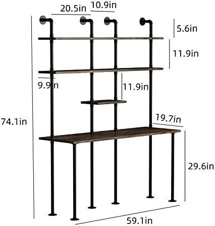 FUSHIAIPTC 74-inch H Industrial Wall Mount Desk, Ladder Floating Computer Desk with 4-Shelf Larger Pipe Table with Storage for Home Office Study Desk Bookcase (W:59inch) - Image 4