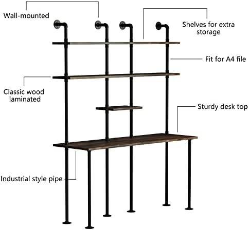 FUSHIAIPTC 74-inch H Industrial Wall Mount Desk, Ladder Floating Computer Desk with 4-Shelf Larger Pipe Table with Storage for Home Office Study Desk Bookcase (W:59inch) - Image 8