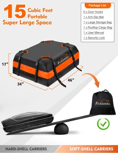 FIVKLEMNZ Car Rooftop Cargo Carrier 15 Cubic, Waterproof Roof Bag Top Luggage Storage Carriers for All Vehicle with/Without Rack Cross Bar Including Anti-Slip Mat+ 8 Reinforced Straps+ 4 Door Hooks - Image 6