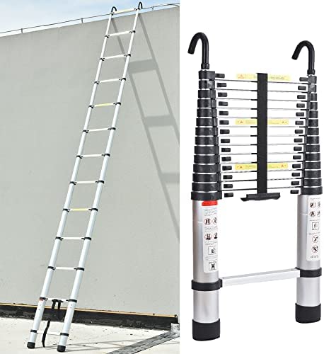 4.4M 14ft Telescoping Ladder Aluminum DIY Extension Folding Loft Ladder with 2 Detachable Roof Hooks Anti-Slip Rubber Feet Portable Heavy Duty Folding Ladder 330lbs Max. Loading EN131 Certificated - Image 2