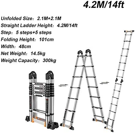 Telescoping Telescopic Extension Portable - Collap Ladders,4.2M/14Ft Stairs Aluminum Telescoping Extension Ladder, A-Frame Lightweight Portable Multi-Purpose Folding Ladder with Support Bar, Max Load - Image 3