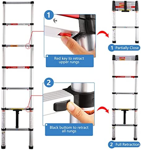 MEANFUN 6.5 FT Aluminum Telescoping Ladder, One-Button Retraction Collapsible Extension Ladder for Homeowners DIYs, Portable Telescopic Ladder with Anti-Pinch and Anti-Slip Design, 330 Lb Capacity - Image 4