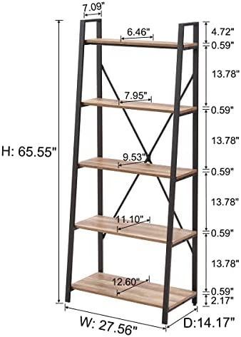 BON AUGURE Industrial 5 Tier Ladder Bookshelf, Wood and Metal Ladder Shelf Bookcase, Farmhouse Leaning Shelves for Living Room (Vintage Oak) - Image 3