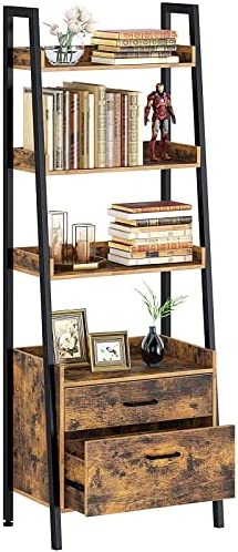 Rolanstar Bookshelf with Drawers, 4 Tier Ladder Bookshelf, Industrial Bookcases, Freestanding Display Plant Shelves with Metal Frame for Living Room, Small Space, Rustic Brown - Image 9