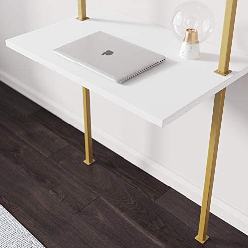 Nathan James Theo 2-Shelf Industrial Wall Mount Ladder Small Computer or Writing Desk, White/Gold Brass - Image 7