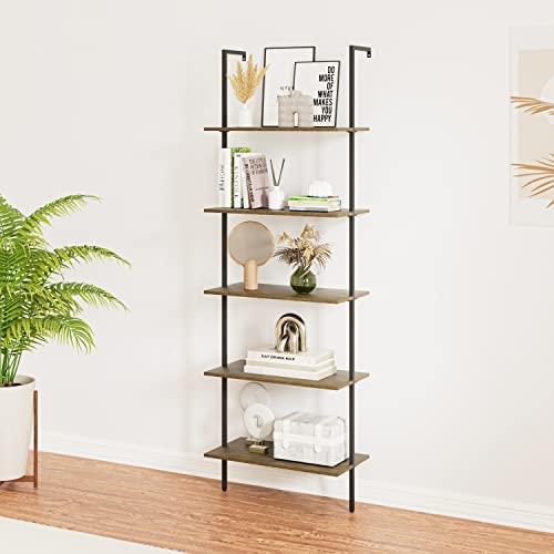 Wolawu 5 Tiers Ladder Shelf 2-Piece Black Modern Tall Bookshelf Open Large Tall Wall Mount Storage Bookcase Standing Leaning Wall Shelves Industrial Decorative - Image 5