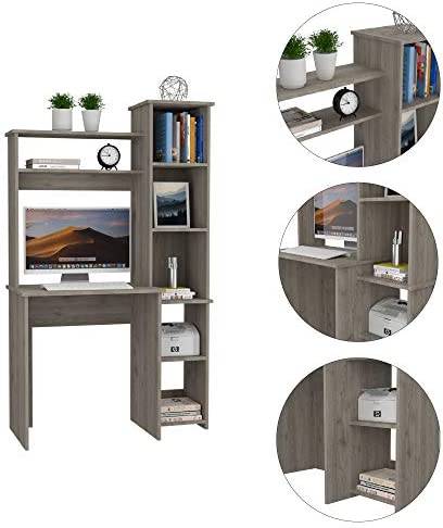 Tuhome Versalles Collection Free Standing Home Office Computer Desk with 2 Top Shelves, Light Grey - Image 3