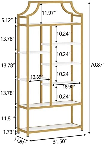 Loomie 8-Open Shelf Bookshelf, 70.87" H x 31.5" L Lux Etagere Bookcase, Tall Storage Display Modern Open Book Case for Bedroom, Home Office & Living Room, Gold Finish Metal Frame & White Shelving - Image 3