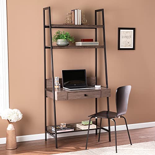 Industrial Gray Wood Ladder Desk Grey Rectangular MDF Metal Powder Coated Finish Drawers Shelves - Image 2
