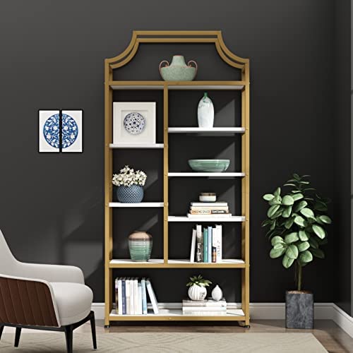 Loomie 8-Open Shelf Bookshelf, 70.87" H x 31.5" L Lux Etagere Bookcase, Tall Storage Display Modern Open Book Case for Bedroom, Home Office & Living Room, Gold Finish Metal Frame & White Shelving - Image 4