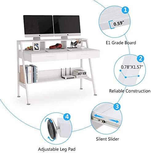 Tribesigns Computer Desk with Storage Shelf & Drawers, Modern 47 inch Office Writing Desk Study Table with Monitor Stand Riser for Home Office Use (White) - Image 8