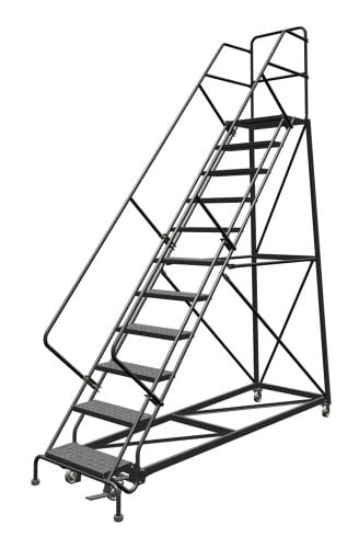 Tri-Arc KDEC111246 11-Step Forward Descent Safety Angle Steel Rolling Industrial and Warehouse Ladder with Perforated Tread, 24-Inch Wide Steps - Image 2