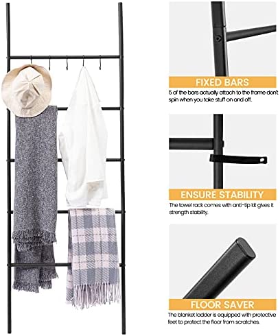 HOOBRO Towel Rack, Blanket Ladder, 5-Tier Ladder Shelf, Decorative Wall Leaning Ladder Rack, 22.8" Wide Holder, 5 Hooks, Blanket Holder, Display Rack for Bathroom, Black BK62CJ01G1 - Image 5