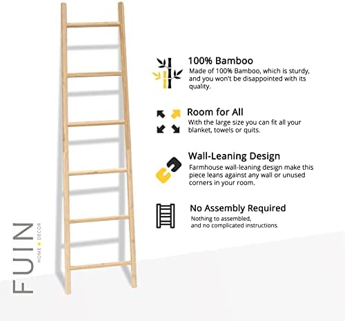 FUIN Fully Assembled 6ft Bamboo Blanket Ladders Wood Decorative Wall Leaning Rustic Farmhouse Bathroom Quilt Towel Display Rack Holder - Image 9