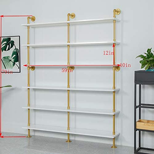 Industrial 6-Tiers Modern Ladder Shelf Bookcase,Solid Wood Storage Shelf,Display Shelving, Wall Mounted Wood Shelves, Pipe Wood Shelves Bookshelf Vintage Wrought Iron Finish (White) - Image 4