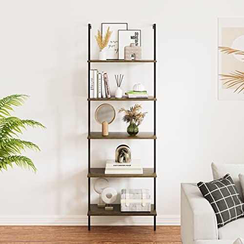 Wolawu 5 Tiers Ladder Shelf 2-Piece Black Modern Tall Bookshelf Open Large Tall Wall Mount Storage Bookcase Standing Leaning Wall Shelves Industrial Decorative - Image 9