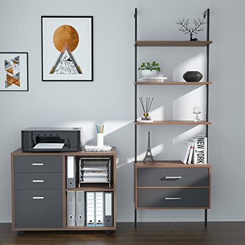 kevinplus Modern Mid-Century Ladder Shelf with Drawers, Wall Mounted Ladder Leaning Bookshelf, Industrial Metal Bookcase, 4-Tier Open Display Ladder Shelves for Living Room Office, Walnut Grey - Image 4