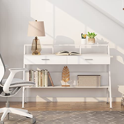 Tribesigns Computer Desk with Storage Shelf & Drawers, Modern 47 inch Office Writing Desk Study Table with Monitor Stand Riser for Home Office Use (White) - Image 9